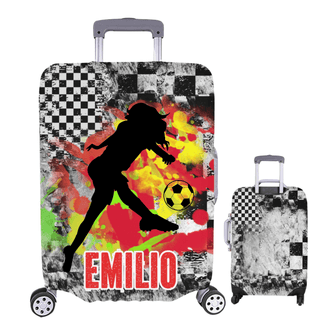 a piece of luggage with a picture of a woman kicking a soccer ball