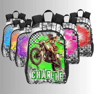 a back pack with a picture of a dirt bike rider