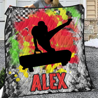 a woman holding a blanket with a picture of a skateboarder on it