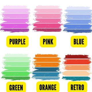 a bunch of different colors of paint with the words purple, pink, blue,