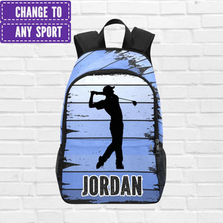 a backpack with a picture of a man holding a baseball bat