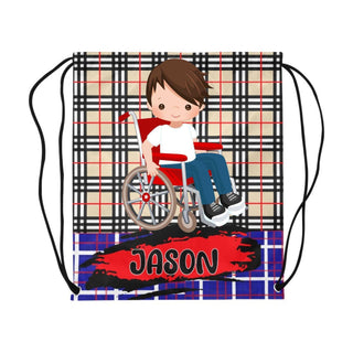 a boy in a wheelchair on a plaid background