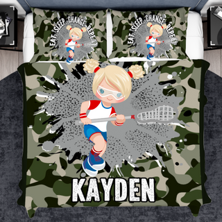 a bed with a camo print and a girl playing tennis