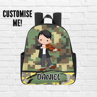 a backpack with a picture of a boy playing a violin