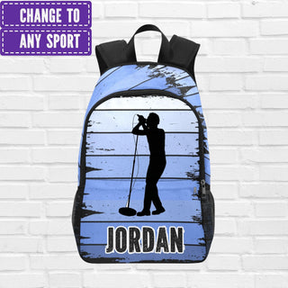 a backpack with a picture of a man holding a golf club