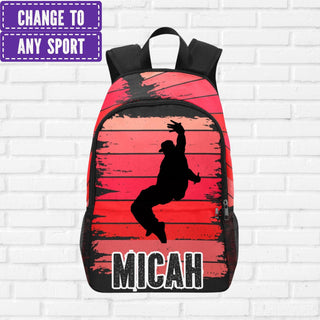 a backpack with a picture of a man jumping in the air