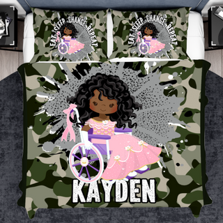 a bed with a camo print and a girl in a pink dress