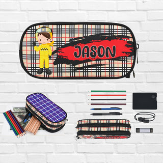 a pencil case with personalized items on it