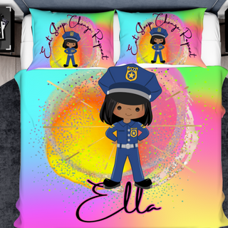 a bed with a police girl on it