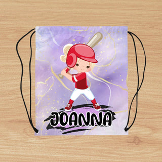 a drawstring bag with a picture of a baseball player