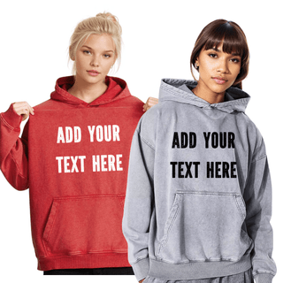 two women wearing sweatshirts that say add your text here