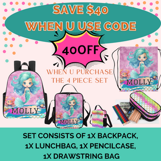 a set of backpacks with a picture of a mermaid