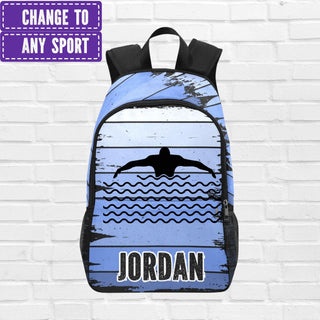 a backpack with a picture of a swimmer on it