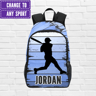 a backpack with a picture of a baseball player holding a bat