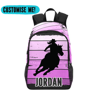 a pink and black backpack with a picture of a cowboy riding a horse