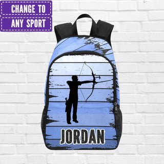 a backpack with a picture of a man holding a bow