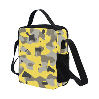 a yellow and gray camouflage lunch bag