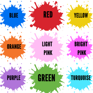 a bunch of different colors of paint with the words red, yellow, pink,