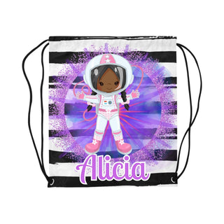 a drawsack bag with an image of a girl in an astronaut suit