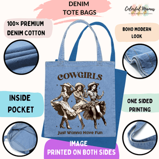 a blue tote bag with the words cowgirls on it