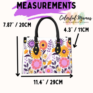 the measurements of a handbag with flowers on it