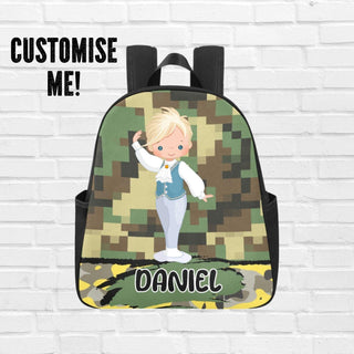 a backpack with a picture of a blonde haired girl on it