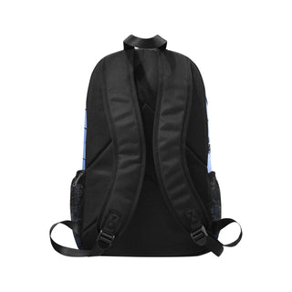 a black backpack with a blue stripe on the side