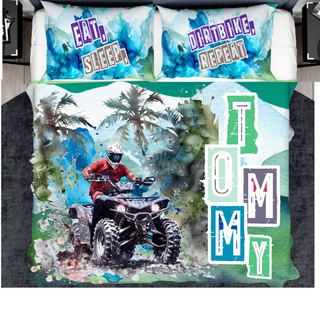 a bed with a picture of a man riding an atv