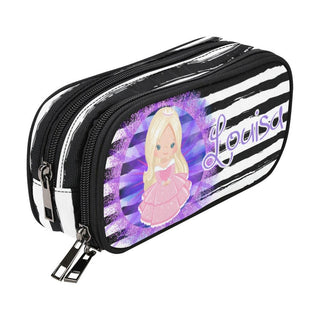 a black and white striped bag with a picture of a blonde haired girl