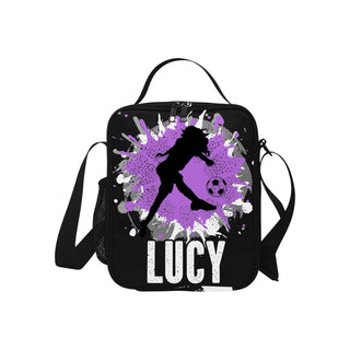 a black and purple bag with a girl holding a soccer ball