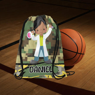 a drawstring bag with a picture of a boy on it