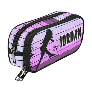 a purple and black pencil case with a soccer player on it