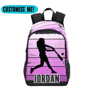 a backpack with a picture of a woman holding a baseball bat