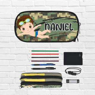 a pencil case with a picture of a girl on it