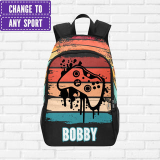 a colorful backpack with the words, change to any sport