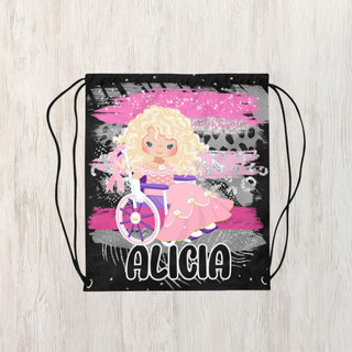 a drawsack bag with a picture of a blonde girl on it