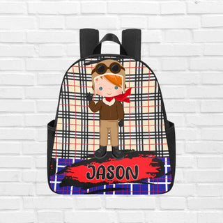 a backpack with a picture of a boy wearing sunglasses