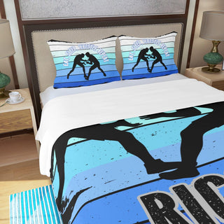 a bed with two pillows and a picture of two people on a surfboard