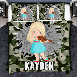 a bed with a girl playing a violin on it