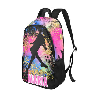 a colorful backpack with a soccer player on it