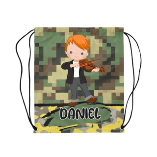 a drawstring bag with a boy playing a violin