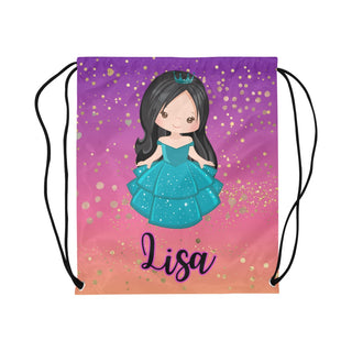 a drawsack bag with a girl in a blue dress