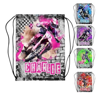 Pink Dirt Biker Drawstring Backpacks for kids