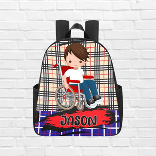 a backpack with a picture of a boy in a wheelchair