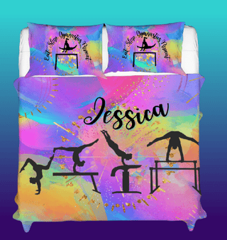 a bed with a painting of a person doing a handstand