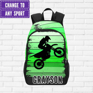 a green and black backpack with a picture of a person on a dirt bike