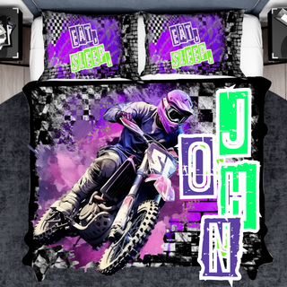 a person riding a dirt bike on a purple and green background