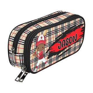 a plaid bag with a cartoon character on it