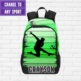 a green and black backpack with a picture of a person jumping in the air