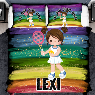 a bed with a girl holding a tennis racquet